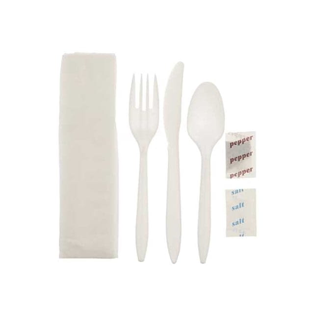 Cutlery kit MW white PP fork knife teaspoon napkin salt and pepper Crystal ware 6 Pieces